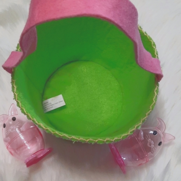 Lime Easter Basket with Pink Flower Apilque-Burlap Canvas Material - Picture 5 of 9